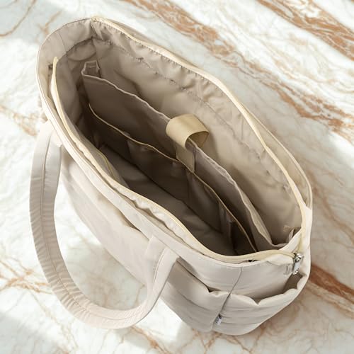 Image of Quilted Puffy Tote Bag for Women | Large Capacity | Soft Nylon Padded Design | Lightweight & Spacious | Ideal for Work, Travel, Shopping (Biege)