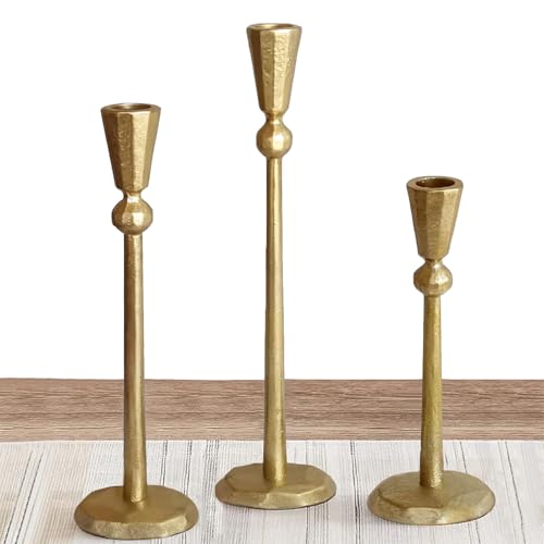 SUYAUU Candle Holders, Gold Iron Taper Candlestick Holder, Set of 3 Decorative Metal Candle Stand for Wedding Dinning Fireplace Party