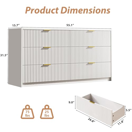 Image of MAISONARIA White 6 Drawer Dresser for Bedroom, 55 inch Wide Modern Chest of Drawers with Gold Metal Handles, Fluted Wood TV Stand for Living Room, Hallway