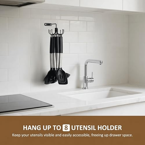 Image of ZEDODIER Kitchen Cooking Utensil Holder, 360 Rotating Kitchen Hooks for Hanging Utensils, Heavy Duty Metal Utensil Rack with 8 Storage Capacity for Utensil, Towel, Pot, Glove, Aprons, Black