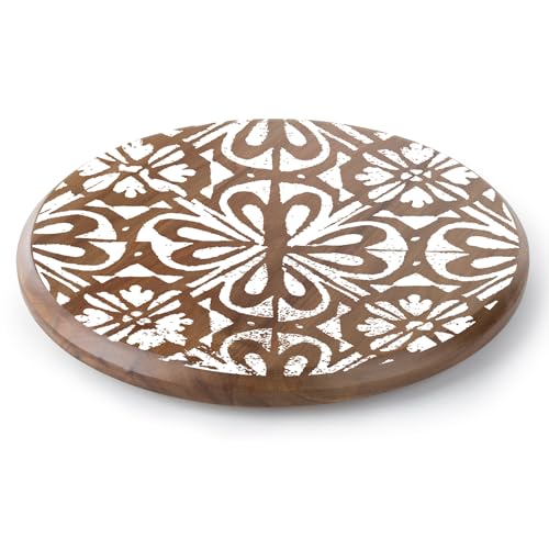 CounterArt White Tile Medallion Round Acacia Wood Lazy Susan Turntable 14