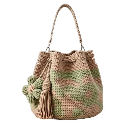 Sacs en crochet pour femme vert, grand sac à main à motif floral et pompons