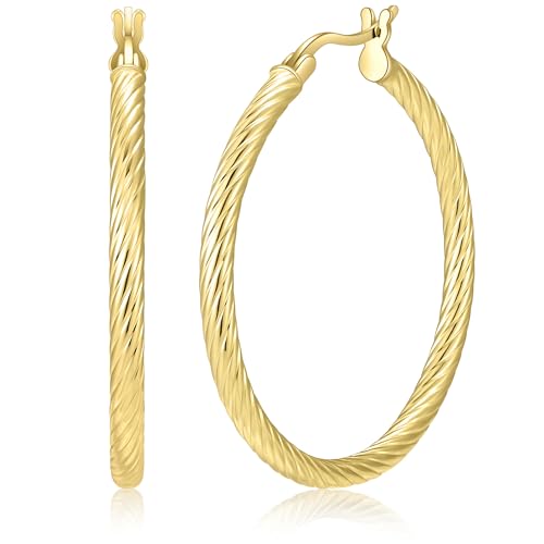 14 Karat Gold Earrings, 14K Gold Hoop Earrings for Women, 35mm Twisted Vermeil Hoops, Lightweight Hollow Earrings, Hypoallergenic Jewelry Gift, 14K Gold Plated 925 Sterling Silver - Main Image