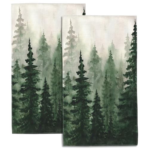 SAYOUZ Watercolor Spruce Green Forest 2 Pack Hand Towels for Bathroom, Highly Absorbent Soft Hanging Kitchen Dish Towel Spa Gym Towels for Home Decor & Gift Idea,14