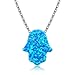 Produktbild Kaletine Hamsa Hand HalsKette of Fatima 925 Sterling Silber Anhänger Charme in Synthetischer Opal Blau 11x13mm KabelKette Länge 40cm+5cm Verstell