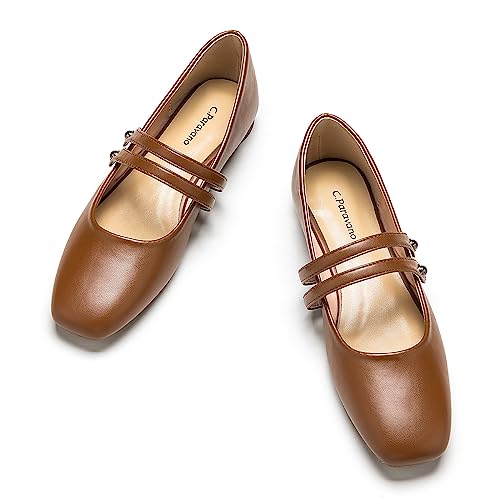 C.Paravano Mary Jane Shoes for Women | Women's Square Toe Flats | Comfortable Leather Mary Jane Flats | Slip On Dressy Ballet Flat | Brown Walking Shoes for Casual Work Office (Size 7.5,Brown)