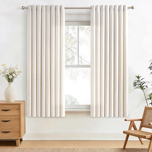 Image of Semi Sheer Natural Linen Curtains 63 Inch Length for Kitchen 52x63 | 2 Panels Set, Ivory Cream Colored, Light Filtering, Bronze Grommet, Burlap, Short Drapes, Flax Linen, Privacy,Farmhouse