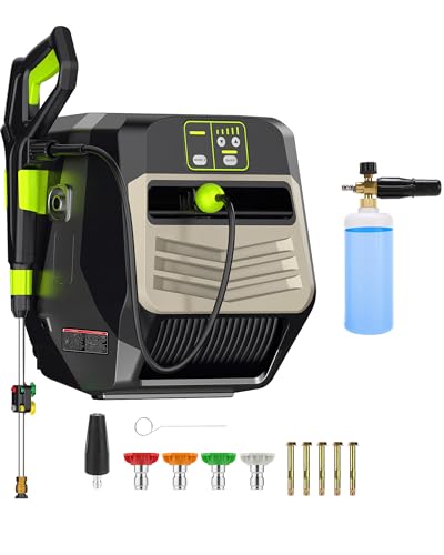 Wall Mounted 𝐌𝐀𝐗 𝟓𝟓𝟎𝟎𝐏𝐒𝐈 𝐏𝐫𝐞𝐬𝐬𝐮𝐫𝐞 𝐖𝐚𝐬𝐡𝐞𝐫,4 Nozzle Tips,5 Levers 3.6GPM Power Washer,100FT Hose,Automatic Rewind,5 Nozzles for Car Clean Machine/Car/Driveway/Patio Clean,Black