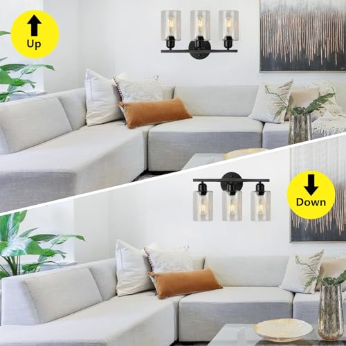 Fucoda 3-Light Bathroom Light Fixtures, Black Modern Vanity Lights with Clear Glass Shade, Bathroom Wall Lamp for Mirror Kitchen Living Room Hallway Cabinet Porch, E26 Base (Bulbs Not Included) - Image 5