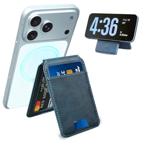 Image of Qoovi Strong Magnetic Wallet, Card Holder with Leather Stand RFID Blocking for iPhone 17/16/15/14/13/12 Series, Compatible with Magsafe Phones and Cases,Not for iPhone 13/12 Mini (Blue)