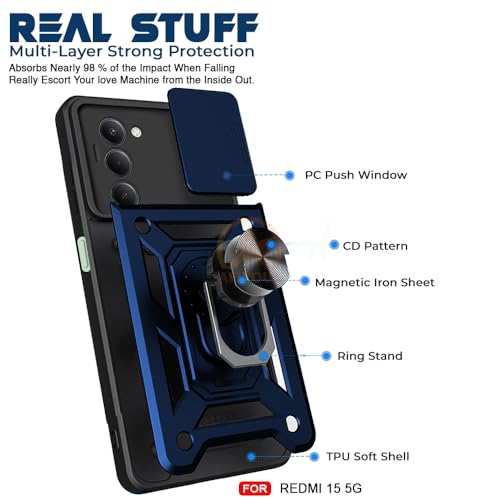 Image of Armor Bumper Back Cover Case for Redmi 15 5G | Rotating Camera Cover, Ring Holder & Kickstand | Heavy Duty & 360 Degree Protection Redmi 15 5G Back Cover (Blue)