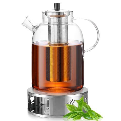 GOEDCH Tetera de cristal de 1,8 l con calientador: tetera de cristal con colador, tetera de cristal con colador, tetera con colador y calientaplatos, mantiene el calor prolongado, calentador de té de