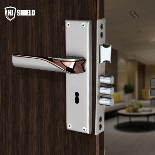 Image of Mortise Lock Set with Door Handle, Silver /Rose Gold Finish, 8 Inch, Complete Lock Set with 3 Keys and Screws, Model MH-1019KY, Two Years Warranty