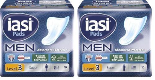 IASI MEN Super Level 3, Escudos Absorbentes para pérdidas urinarias masculinas leves y moderadas, 10 unidades (Paquete de 2)