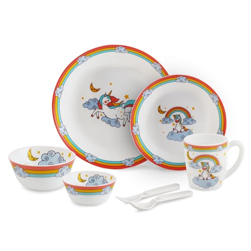 Image of CELLO Kidzbee Unicorn Design Set of 7 Pieces Opalware Kids Dinner Set, White | Food Grade Toughened OpalGlass, Microwave & Dishwasher Safe, Bone Ash Free, Stackble Bowls Mug & Plates Kids Dinner Set