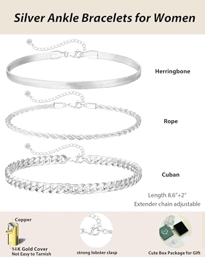 Image of ZHESHY Gold Silver Ankle Bracelets for Women 14K Gold Plated Anklets for Women Waterproof Cuban Link Heart Chain Anklets Set Non Tarnish Dainty Layered Anklet Bracelets for Women Summer Beach Jewelry