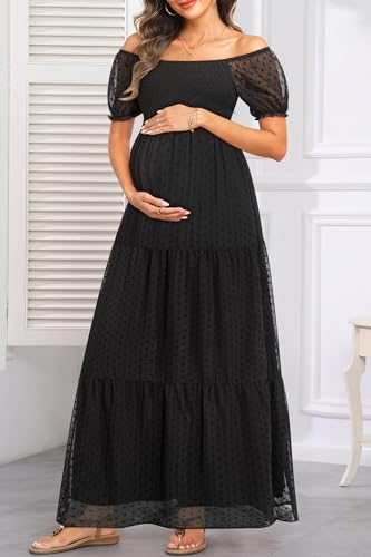 Image of Off The Shoulder Maternity Dress for Baby Shower - Women's Boho Swiss Dot Smocked Puff Sleeve Maxi Dress