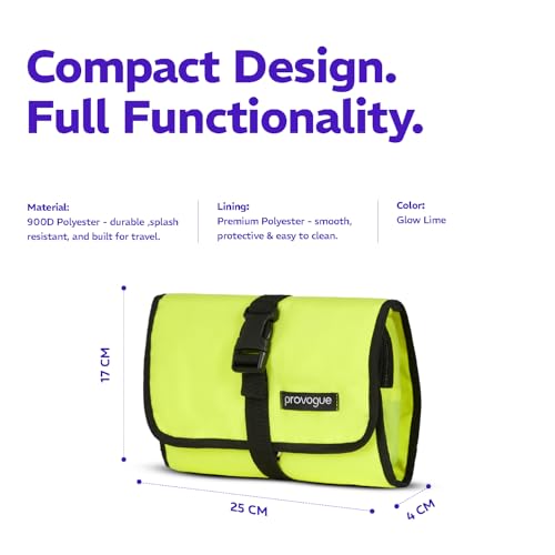 Image of Provogue Trifold Toiletry Kit for Men and Women, Polyester Cosmetic kit, Travel Organiser Pouch with Foldable Design and Buckle Closure, Travel Accessory for Men and Women, Glow Lime
