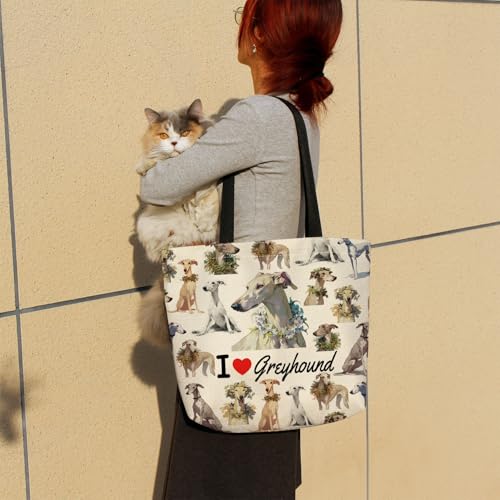Love Grayhound Tote Bag Reusable Grocery Bags Cute Aesthetic Shopping Shoulder Handbag with Interior Zipper Pocket Lightweight & Washable Stylish Grayhound Present for Dog Lovers Women3