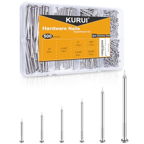 KURUI 500Pcs Stainless Steel Wall Nails Assortment Kit, 6 Sizes Long Nails for Hanging Picture Frames,Shelves, Wood, Drywall, Small Nails, Finishing Nail for Home Decor & Home Improvement