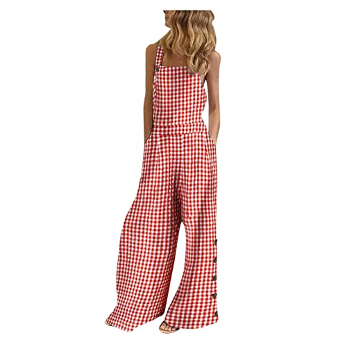 Red Womens Loose Fit Bib Pants Pants Unitard for Ladies Faux Linen Casual Overall Plaid with Slit Flare Bell Bottom Plain Long Bootcut Leg Fall Summer Pants 2025 L