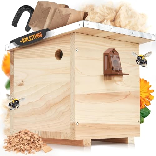 BEESI Hummelhaus groß inkl. Wachsmottensperre & Nistmaterial I Kapok, Nistkarton, Holzspäne I Hummelhotel Massivholz verschraubt I Hummelkasten mit...