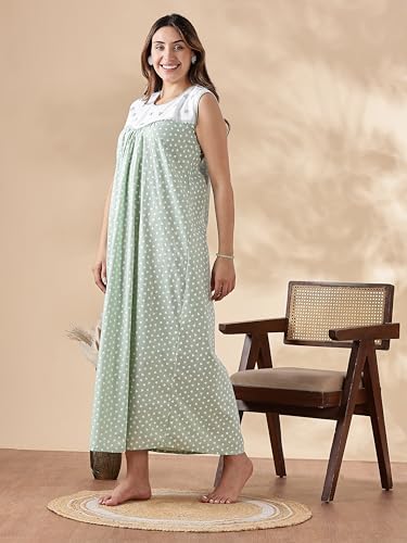 Image of 9shines Label Cotton Sleeveless Nighty | All Over Print Maxi Night wear for Women | Full Length Night Gown Night Dress for Women Stylish (Cotton Sleeveless 25)