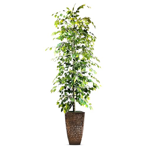 8ft Artificial Ficus Tree in Copper Metal Pot – Real Wood Trunk, Preassembled, No Maintenance Indoor Faux Plant – Living Room, Home & Office Decor