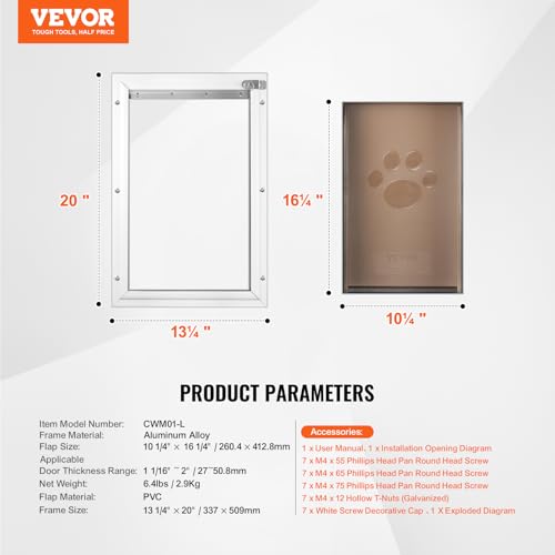 VEVOR Haustierklappe Hundeklappe aus Aluminiumrahmen mit Schloss & Klappensystem 337 x 509 mm, wetterfeste Hundeklappe Haustiertüre geeignet für Katzen Hunde Kätzchen (Weiß-L) einfache Montage