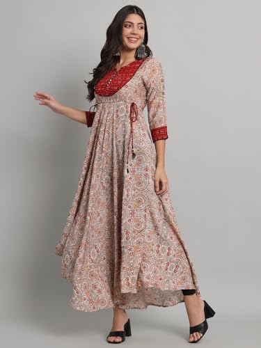 Image of Rapsodia Womens Cotton Green & Brown Floral Printed Flared Kurta