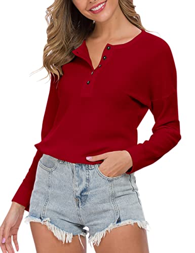 Image of MOLERANI Womens Long Sleeve Waffle Knit Henley Shirts Tunic Tops
