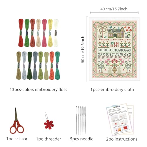 Image of FREEBLOSS 11CT Stamped Cross Stitch Kits Folk Art House Pattern Cross Stitch Wall Painting Kit Embroidery Needlepoint Set for Beginners Adults 40x50cm /15.7x19.7inch