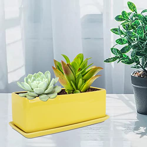 Pot de fleurs rectangulaire minimaliste en céramique jaune premium - 7