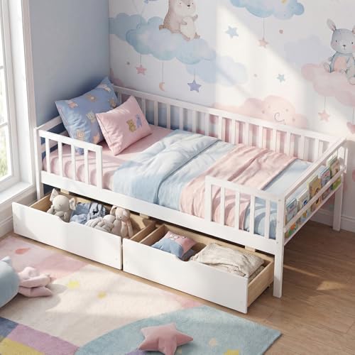 Image of KOMFOTT Wood Twin Bed Frame with Fence Rails & 2 Pull-Out Drawers, Kids Twin Bed Frame with Side Shelf, No Box Spring Needed Solid Wood Slats Supported Daybed for Children & Teens (White)