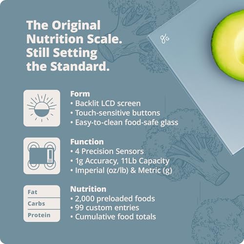 Greater Goods Nutrition Food Scale, Perfect for Weighing Nutritional Meals, Calculating Food Facts, and Portioning Snacks, Designed in St. Louis (Stone Blue)