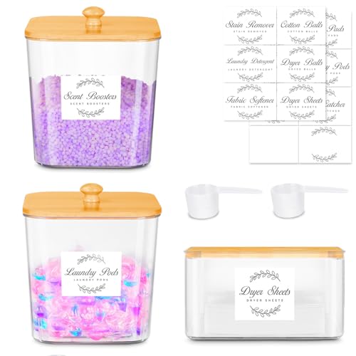 efluky 2+1 Boîtes à Lessive avec Couvercle en Bambou, Pelles et Étiquettes, Support pour Lessive, Support pour Lessive, Boîtes Transparentes pour Lessive,...