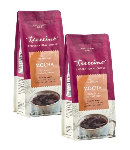 Teeccino Chicory Coffee Alternative Mocha – Ground Herbal Coffee That’s Prebiotic, Caffeine-Free & Acid Free, Medium Roast, 11 Ounce (Pack of 2)