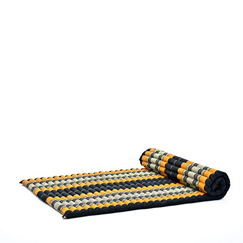 Leewadee Colchoneta Thai Enrollable Ancha, 200x105x5 cm, Colchón De Invitados Esterilla De Yoga Futon Masaje Thai Colchoneta De Dormir Orgánico Naturalmente Ecológico, Capok, Naranjo Negro