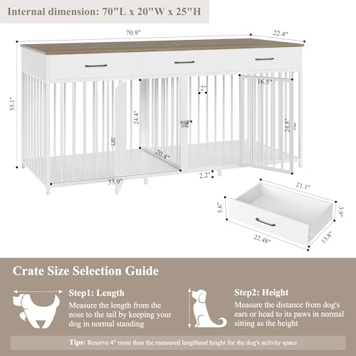 HOSTACK Double Dog Crate, 71"W Indoor Dog Kennel Furniture for 2 Dog, White | 3 Drawers for Easy Storage, Heavy-Duty Cage, Removable Divider, Slide Bolt Latch, Modern Farmhouse Pet House for XL/XXL Dogs - Image 4