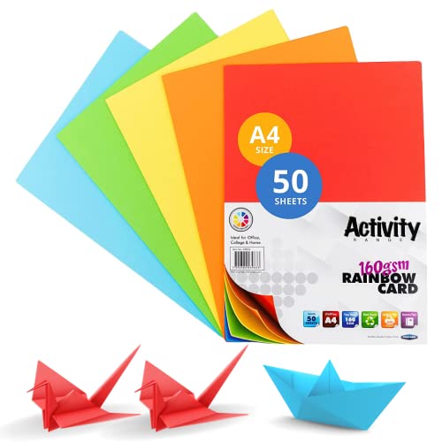 Premier Stationery A4 160gsm Coloured Card, Activity Card, Coloured Paper a4 for Art & Craft Activities - Assorted Colours Card (Pack of 50 Sheets)