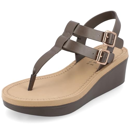 Journee Womens Strappy Platform Flip Flop Buckle Ankle Strap Bianca Comfort Wedge Heel Sandal Brown, 9