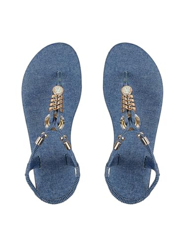 GORGLITTER Womens Rhinestone Jean Flip Flops Elastic Ankle Strap Denim Sandals Ring Open Toe T Strap Beach Thong Sandals Blue 8
