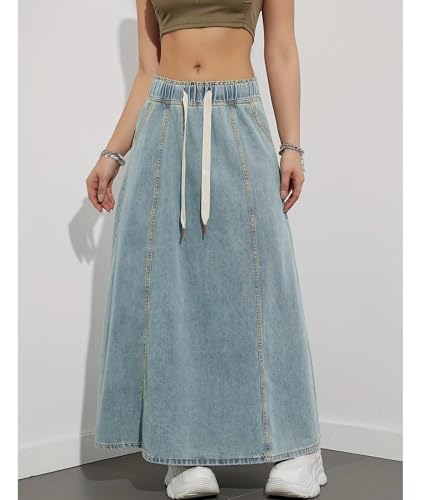 SEMATOMALA Women's Paperbag Elastic High Waist A Line Jean Long Dress Swing Flare Maxi Denim Skirts4