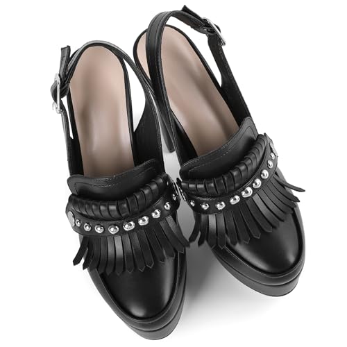 Eldof Women's Platform Chunky High Heels Loafers Shoes Black Slingback Pumps Heels 4.7 Inch4