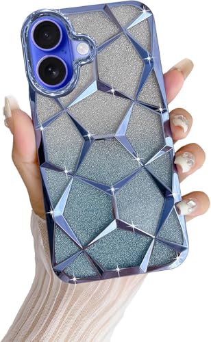 Image of VONZEE Gradient Glitter Case for iPhone 16 Plus, Luxury Electroplated 3D Cube, Diamond Bling Shiny Soft TPU Clear Shockproof Women Girls Protective Phone Cover (Sierra Blue)