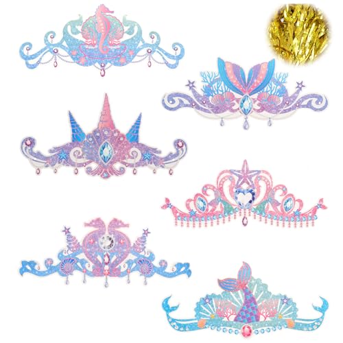 Set Corona Cumpleaños Sirena para Niña – 12 Gorros de Fiesta con Purpurina + 1 Cortina Dorada 1x2m – Decoración Fiesta Infantil Temática Sirena – Accesorios Princesa para Photocall y Fondo de Fotos