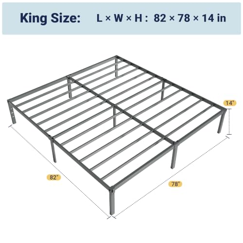 Image of Allewie King Size Bed Frame, 14 inch Metal Platform Beds with Storage Space, No Box Spring Needed and Easy Assembly, Grey