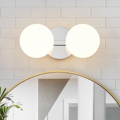 Image of Chrome Globe Wall Sconce,Vanities Lights with 2 Milk Glass Shades | 6 inch Modern Spherical Vanity Sconces,Contemporary Small Brass Ball Lights Fixture for Entryway Bedside Bathroom,E26 Base