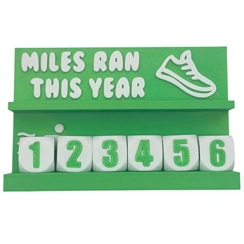 Green 3D-printed Miles Run This Year desk counter — 5.1 x 3.3 x 1.8 in, small enough to sit beside a monitor stand