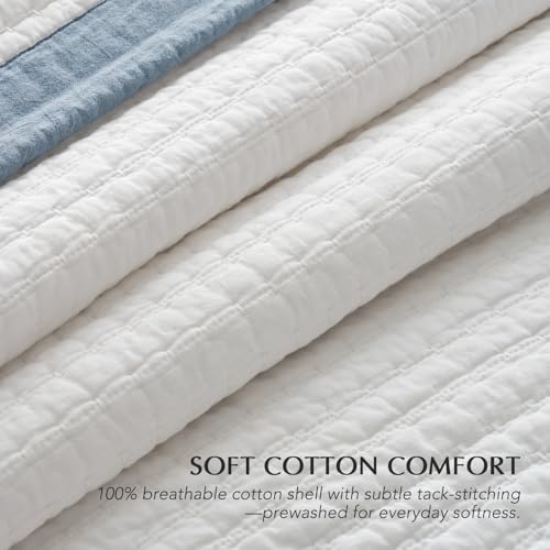 EVERGRACE Cotton Border Frame Tack-Stitch Quilt Bedding Set Queen Size, Coastal Oversized 3 Pieces Lightweight Bedspread Coverlet for All Season, with 2 Matching Shams, Blue Linen - Image 3